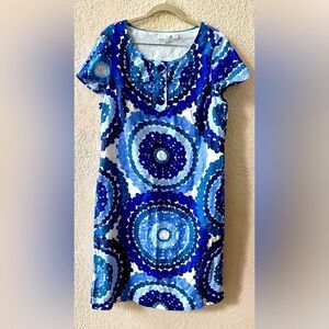 Boden Twiggy Linen Dress Sz 12T Cap Sleeve White Blue Geometric Lined Bow